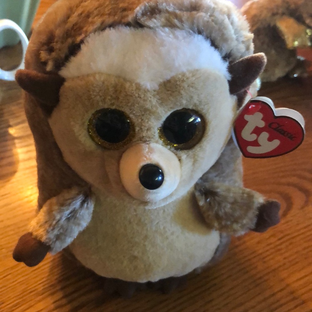 Ty classic stuffed animal hedgehog, multiple shades of brown,gold sparkle eyes